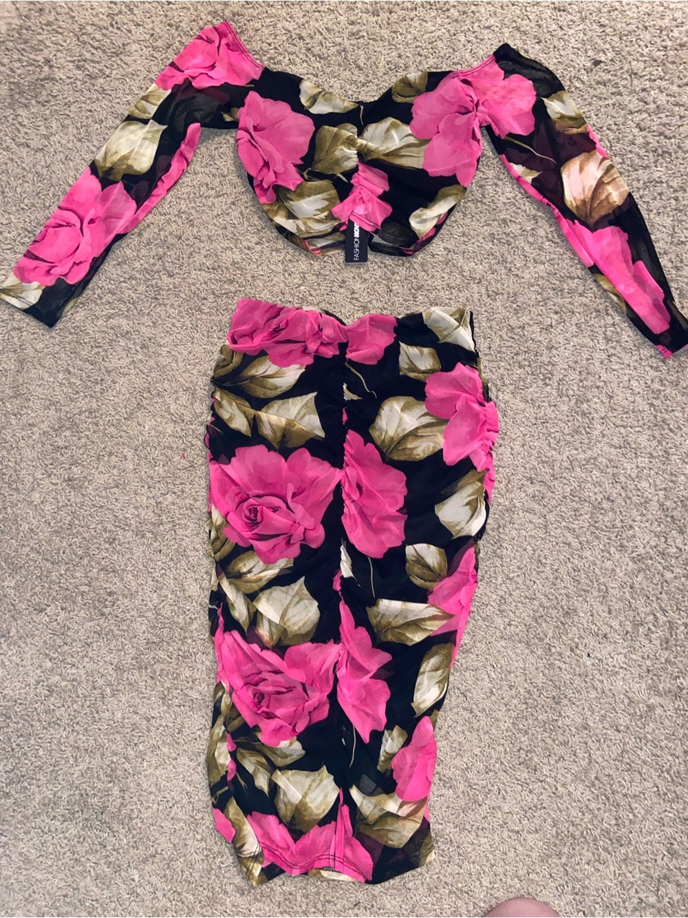 Fashion Nova Black Mesh Floral Skirt Set with Hot Pink Accents